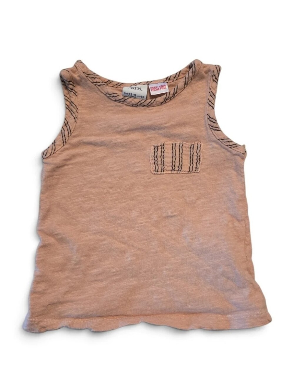 Zara Baby Boy Stripe Tank Top 12-18 Months Dusty Peach Slub Cotton Pocket